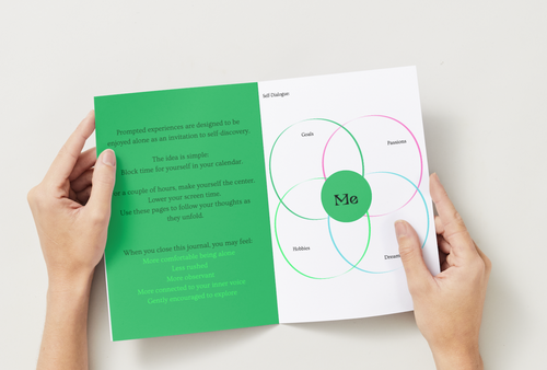 Person holding a book with a self dialogue diagram labeled 'Me' on a light background